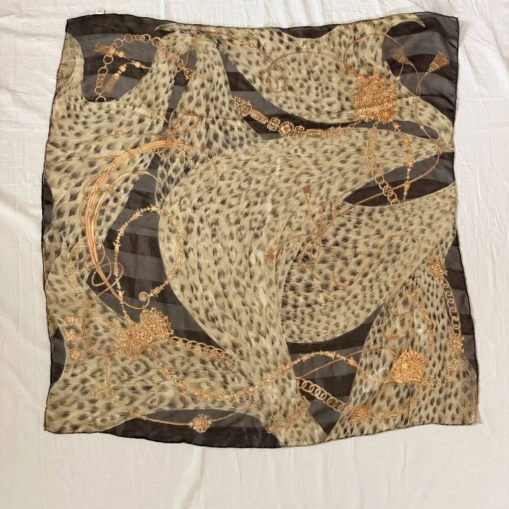 Vintage Silk Scarf Brown Gold Equestrian Chain Tassel Metallic Square 35x35